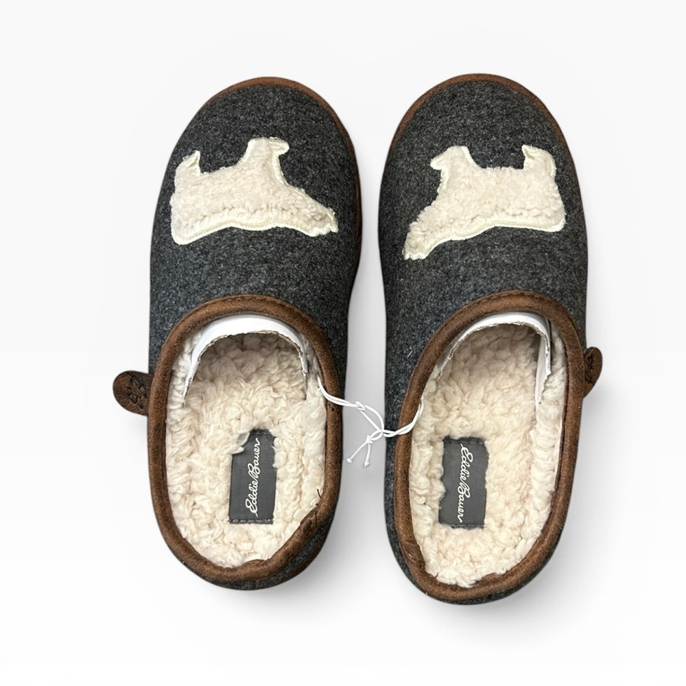 Eddie Bauer Women's Sherpa Lined Clog Slippers Dark Heather Grey Bear Motif - Picture 14 of 14